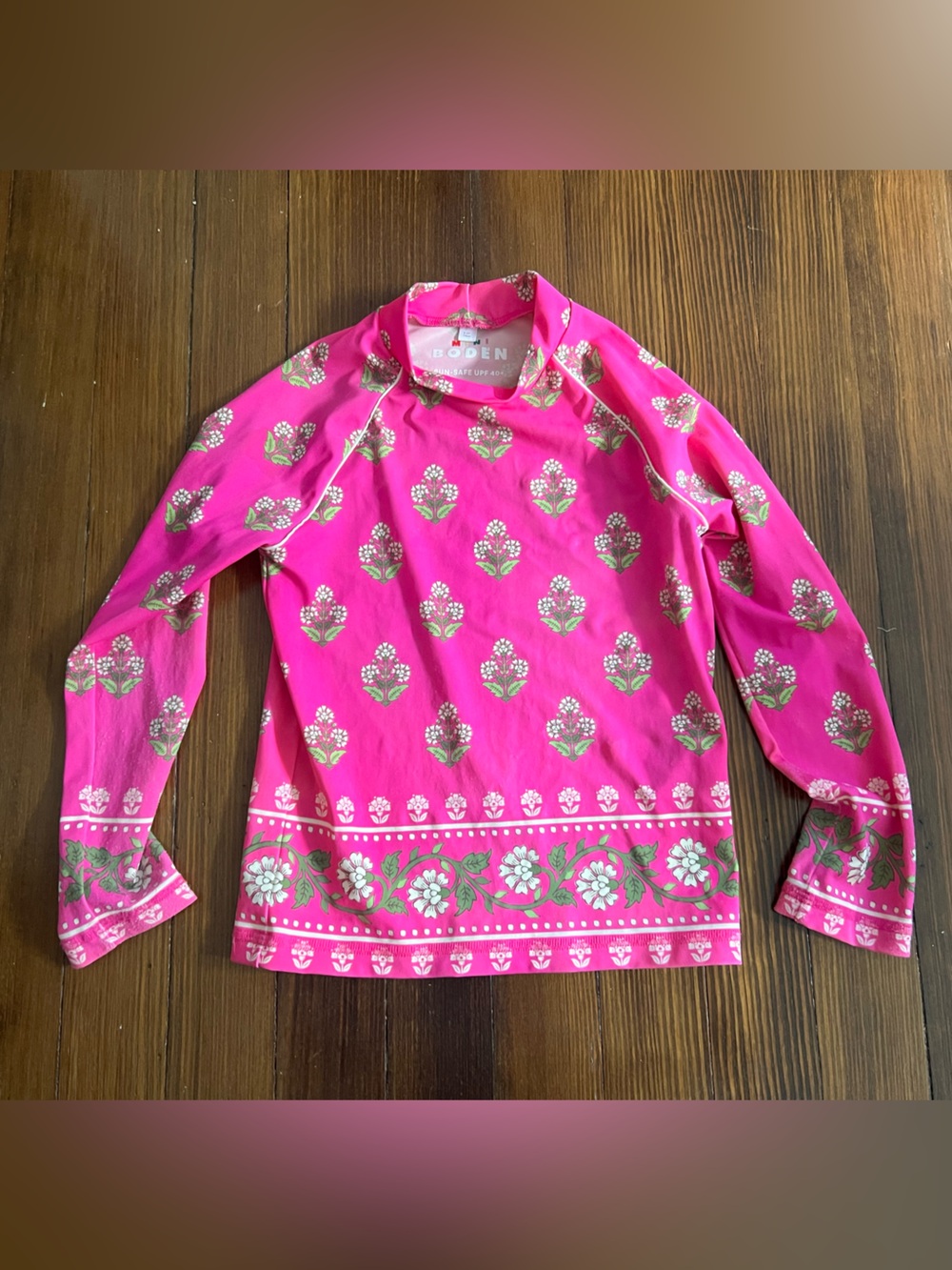 Bright Pink Floral Long-Sleeve Kids Swim Rashguard SPF 40